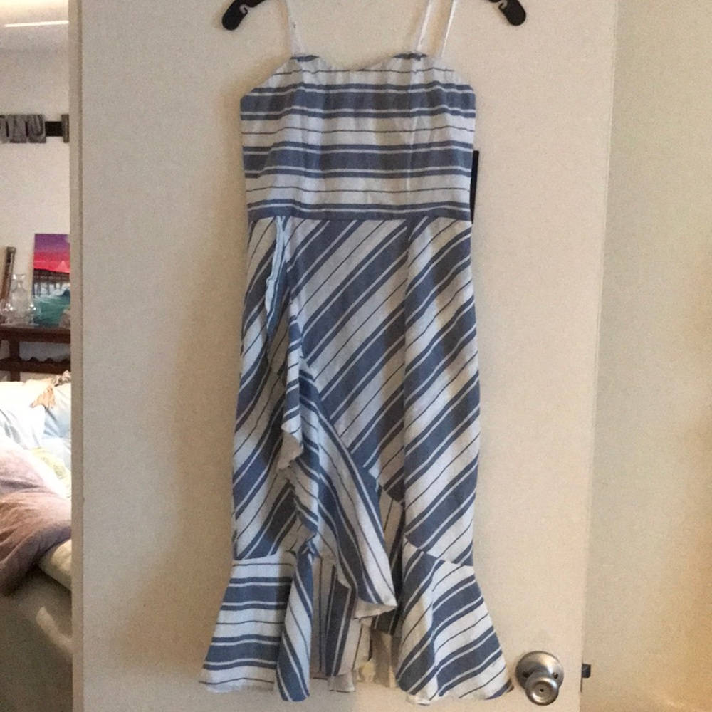 Lulus Blue and White Striped Ruffle Midi Dress